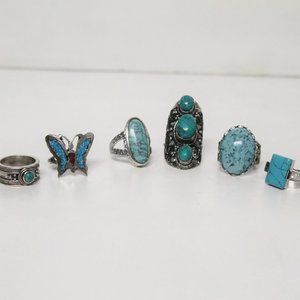 6 New Silver & Turquoise Ornate Statement Cocktail Rings